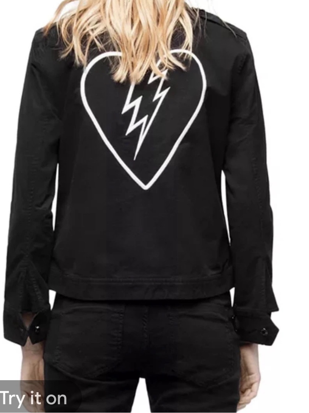 Zadig & Voltaire Black Jacket with White Heart & Lightning Graphic